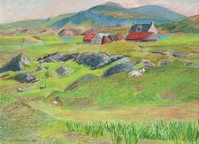 SHEEP IN FARM LANDSCAPE Pastel