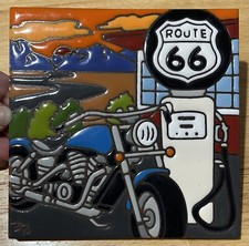 Art Tile Route 66 Motorcycle Ride Hand N Hand Design Earthtone 6x6 Trivet Harley