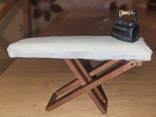 1:12 Scale Dolls House Miniature wooden folding ironing Board and metal iron.