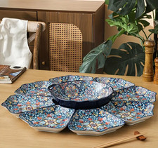 Very Large Moroccan Blue 9 Piece Party Food Serving Platter Set & Soup Bowl