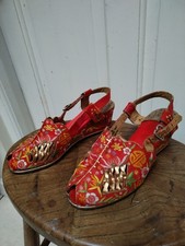Vintage 1930s Deco Chinese Style Red Silk And Leather Embroidered Wedge Shoes