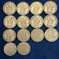 14 British Three Pence Coins.Various Dates 1937-1967. Total weight  93g.