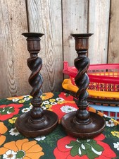 VINTAGE PAIR OF WOODEN BARLEY TWIST CANDLESTICKS SPIRAL CANDLE HOLDERS