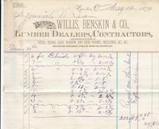 U.S.A. Willis Benskin & Co. Canton 1879 Lumber Dealers Cont.  Invoice Ref 37456