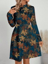Women’s Maple Print Round Neck Long Sleeve Midi Dress Casual For Autumn & Winter