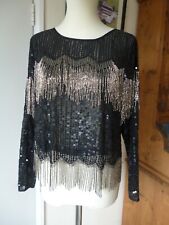 Biba Black Mesh Sequin with Silver beading tassels Top Hippy boho Festival Party