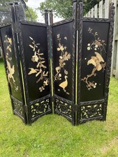 Antique Chinese Carved Wood 4-Panel Folding Screen Birds Flowers Bone Inlay