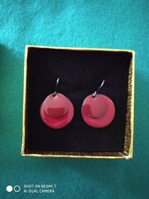 Dark Metal Hook & Round Double Disc Earrings. Red & Maroon. Boxed Gift Idea