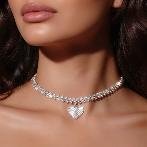 Silver choker necklace - silver, heart