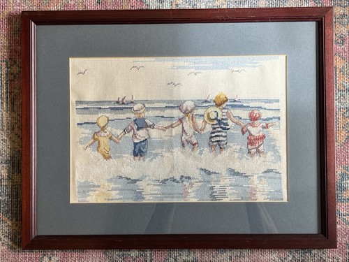 Framed cross stitch beach - framed,