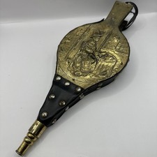 Vintage Brass & Leather Fireplace Bellows Embossed Scene of Woman by the Hearth