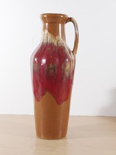 Vintage Foreign Pottery Vase Drip Glaze Red Brown Handle Mid Century 27cm