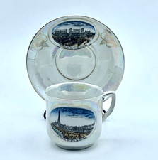 Antique Cup Saucer Bavarian Fine Lustre Bone China Blackpool Beach Souvenir 1900