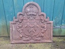 Vintage Cast Iron Fireplace Fleur De Lys Crown Fire Back Range Plate FREE P&P 