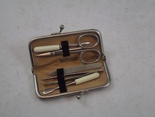 LOVELY EARLY VINTAGE NAIL KIT ETUI PETIT POINT & LEATHER GERMANY 1930'S ERA