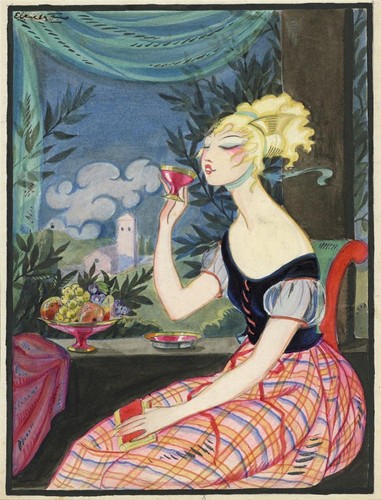 Art deco lady drinking wine - lady,