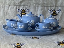Vintage Wedgwood Blue Jasperware Miniature Tea Set on Tray - 1st Quality