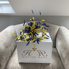 Mother Of The Bride Hostie Hats Ludlow Fascinator In Shock Blue And Yellow.
