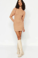 Zara Size S High Neck 60s Mod Puff Sleeve Floral Dress Orange Pink Blue Flower