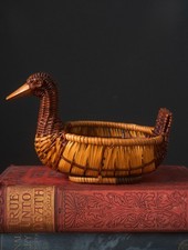 Vintage Mini Small 1960s Duck Shaped Weaved Wicker Tabletop Basket