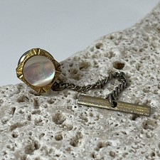 Vintage Gold Tone Mother of Pearl Tie Pin Tack Chain Button Work Wedding MOP
