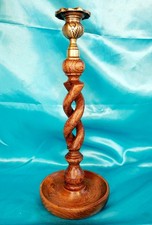 Vintage  Oak Open Barley Twist Candle Holder And A Brass Thistle Design Top 12in