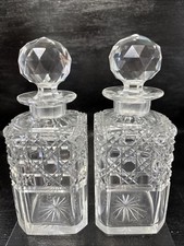 Vintage Pair Of 8.5” Cut Glass Decanters With Ornate Decoration