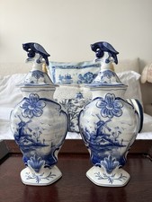 2  Pair Dutch Holland Delft Blue and White Lidded Vases Ginger Jars 34 Cm Tall