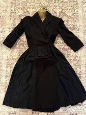 Vintage 1950s Dress Black Cocktail Fit Flare Satin Trim Retro 3/4 Sleeve