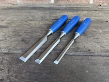 3 Vintage Marples Bevel Edge Wood Chisels Blue Plastic Handle Old Tool