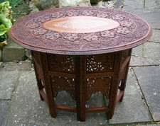 LARGE ANTIQUE  OVAL FOLDING   ANGLO/ INDIAN   SIDE TABLE CARVED/INLAID TOP