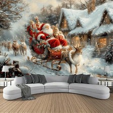 3D Santa on Sleigh Christmas Tapestry Snowy Town Landscape Wall Hanging Backdrop