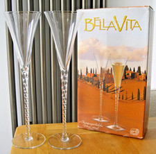 2x Boxed Bohemia Czech Crystal Tall Trumpet Champagne Flutes With Twist Stem-VGC
