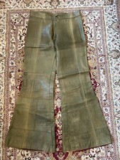 Vintage 60s 70s Patchwork Whipstitch Olive Green Leather Flare Trousers 34 x 32 