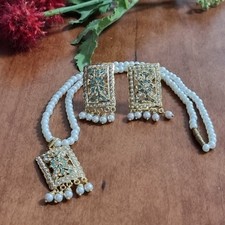 Gold Plated Jadau Ferozi Pendant Set/ Semi Precious Gems/Indian Bridal Jewellery