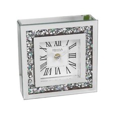 Square Mirrored Clock Iridescent Crystal Border Hestia Freestanding Mantel 15cm