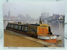 Vintage Postcard Narrow Boat Barge Peace on the River At Marlow Bucks
