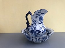 SUPERB 19TH CENTURY MARKED BLUE AND WHITE CERAMIC FLORAL JUG AND WASH BASIN