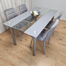 Grey Clear Glass Dining Table With 4 Grey Tufted Velvet Chairs Dining Set
