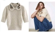 ZARA Cottage Core Puff Sleeve Embroidered Jumper: Size: LARGE: Colour: Creamish