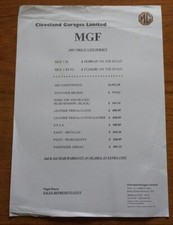 MG MGF 1.8i & VVC Jersey Channel Islands Cleveland Garages Dealer Price List