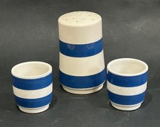 Vintage Cornishware Sugar Shaker & 2 x Eggcups Blue/White Stripe