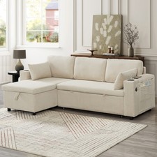 L Shaped 3 Seater Sofa Convertible Sofa Bed with Storage Chaise Corduroy Beige