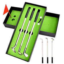 3x Novelty Golf Club Pens Set With Mini Putting Green, Flag & Ball