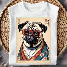 Funny Pug T-Shirt – Retro Pug in Kimono with Red Glasses – Unique Japanese Gift