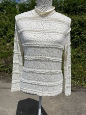 Zara Cream Stretchy Floral Lace High Neck Long Sleeve Top Cottagecore Victoriana
