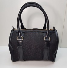 DKNY WOMENS BLACK MONOGRAM CANVAS DOUBLE HANDLE HANDBAG PURSE BOWLER BAG ZIP