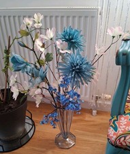 Blue glass large Vase white blue pom pom artificial flower ornament flowers set