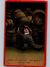 c1910 Cheer Up Old Chap Little Person Drinking Beer Barrels Kegs Postcard