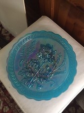 Vintage Imperial Glass Petrol Colours 10” Plate On Pedestal,Chrysanth